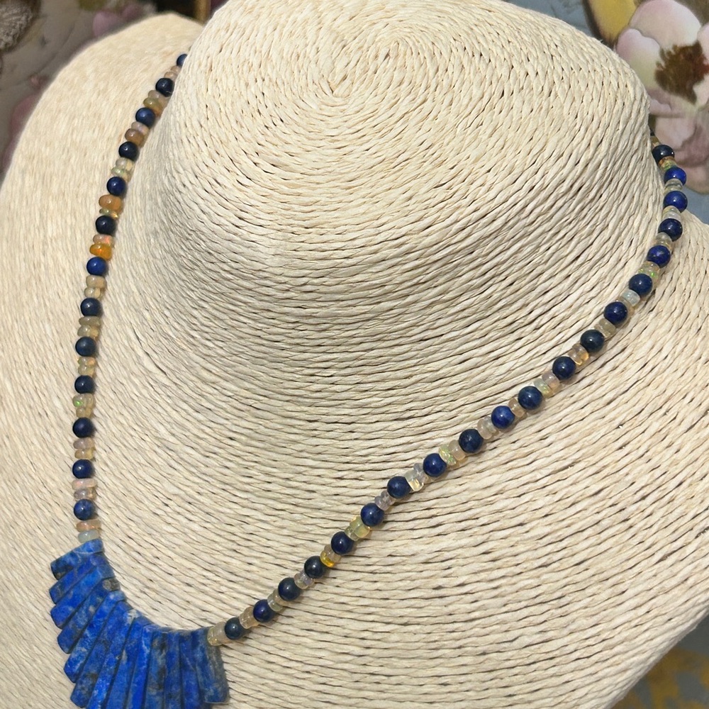 NEW HANDMADE Sterling Silver Gemstones Necklace lapis Lazuli, and Fire Opal - Picture 7 of 10